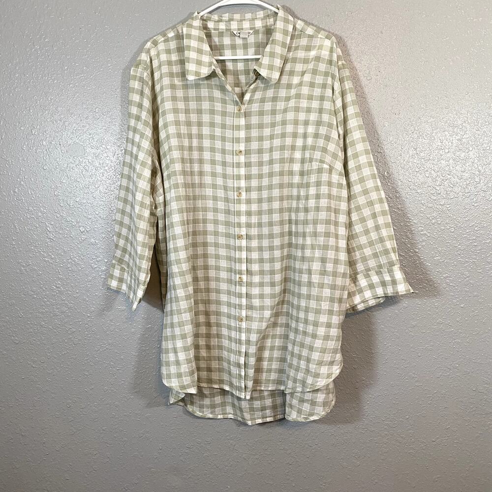 Cato Womens 22/24W 3X Plaid Short Sleeve Button Up Down Plus Green White - Picture 7 of 7